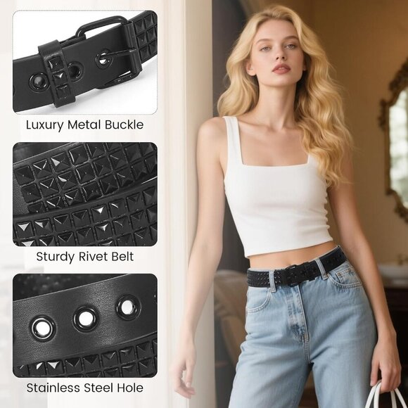 Unisex Faux Leather Studded Belt 3 Sizes Punk Rivet Pyramid Metal Gothic main image 4